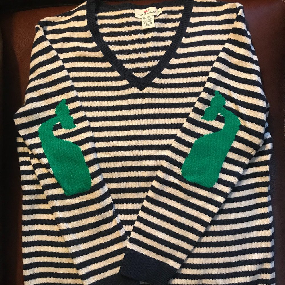 Vineyard Vines striped wool sweater with green whales on elbows